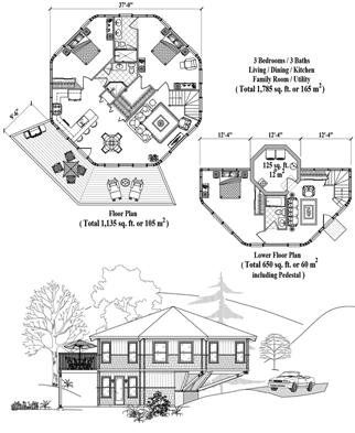 Enclosed Pedestal Hawaii Home Floor Plan (1775 Sq. Ft. with 3 Bedrooms and 2.5 Bathrooms, including Living Room, Dining Room, Kitchen, Family Room, Utility). Home building on sloping mountain terrain or coastal regions of Hawaii.
