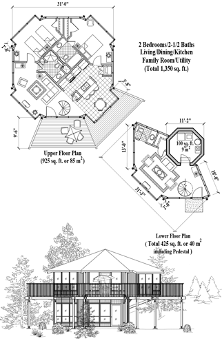 Enclosed Pedestal House Plan PL-0303 (1350 Sq. Ft.) 2 Bedrooms 2.5 Bathrooms