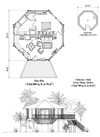 Elevated Hurricane-Proof Home in Florida (Pedestal foundation) Floor Plan (700 Sq. Ft. with 1 Bedrooms and 1 Bathrooms, including Living Room, Dining Room, Kitchen). Best for home building in Florida and the Florida Keys.