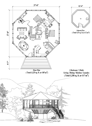 Pedestal Hawaii Home Floor Plan (1250 Sq. Ft. with 2 Bedrooms and 2 Bathrooms, including Living Room, Dining Room, Kitchen, Laundry). Ideal for home building on sloping mountain terrain and coastal areas of the Hawaii Islands.