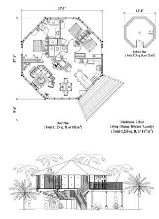 Pedestal Hawaii Home Floor Plan (1250 Sq. Ft. with 3 Bedrooms and 2 Bathrooms, including Living Room, Dining Room, Kitchen, Laundry). Home building on sloping mountain terrain or coastal regions of Hawaii.