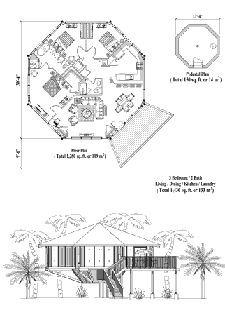 Pedestal Hawaii Home Floor Plan (1430 Sq. Ft. with 3 Bedrooms and 2 Bathrooms, including Living Room, Dining Room, Kitchen, Laundry). Home building on sloping mountain terrain or coastal regions of Hawaii.
