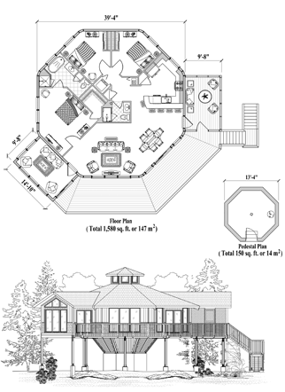 Prefabricated house kit. Pedestal foundation home Floor Plan (1730 Sq. Ft. with 3 Bedrooms and 2 Bathrooms, including Living Room, Dining Room, Kitchen, Laundry, Screened Porch). Shipped world-wide to remote and foreign locations.