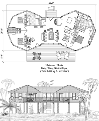 Elevated Stilt House, Piling Home, Hurricane Proof Floor Plan (1400 Sq. Ft. with 3 Bedrooms and 2 Bathrooms, including Living, Dining, Kitchen, Foyer). Ideal for home building in hurricane-prone areas with strict building codes.