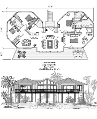 Elevated Hurricane-Proof Home in Florida (Piling foundation) Floor Plan (1980 Sq. Ft. with 4 Bedrooms and 3 Bathrooms, including Living, Dining, Kitchen, Foyer, Laundry). Best for home building in Florida and the Florida Keys.