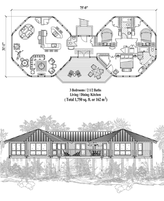 Piling House Plan PG-0310 (1750 Sq. Ft.) 3 Bedrooms 2.5 Bathrooms