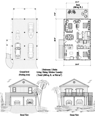 Elevated (Raised) Piling House, Stilt House, Hurricane-Proof Home Floor Plan (1040 Sq. Ft. with 2 Bedrooms and 2 Bathrooms, including Living, Dining, Kitchen, Laundry). Best for home building in hurricane-prone Beach Front, Oceanfront, Island & Tropical locations.