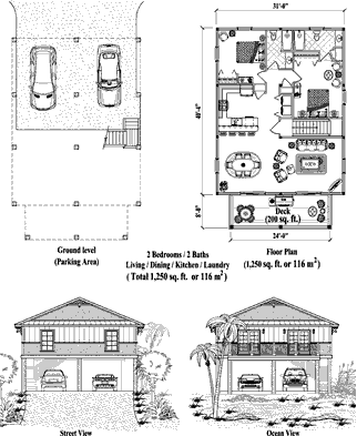 Elevated Hurricane-Proof Homes Building in the Cayman Islands (Piling foundation) Floor Plan (1250 Sq. Ft. with 2 Bedrooms and 2 Bathrooms, including Living, Dining, Kitchen, Laundry). Tropical home builders in the Cayman Islands.