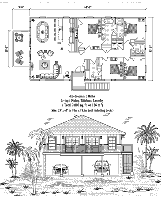 Elevated (Raised) Piling House, Stilt House, Hurricane-Proof Home Floor Plan (2000 Sq. Ft. with 4 Bedrooms and 3 Bathrooms, including Living, Dining, Kitchen, Laundry). Best for home building in hurricane-prone Beach Front, Oceanfront, Island & Tropical locations.