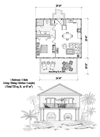 Piling House Plan PG-2109 (725 Sq. Ft.) 1 Bedrooms 1 Bathrooms