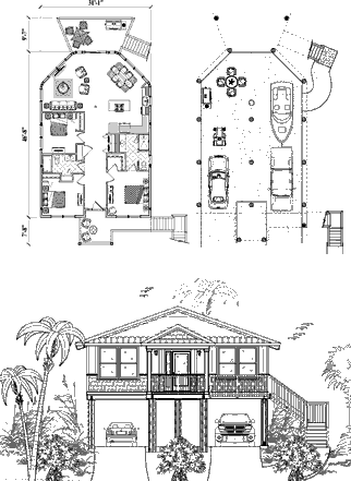 Elevated Homes & Raised House Plan (Piling foundation) Floor Plan (1360 Sq. Ft. with 3 Bedrooms and 2 Bathrooms, including Living, Dining, Kitchen, Laundry). Best for home building in Coastal areas and remote locations.