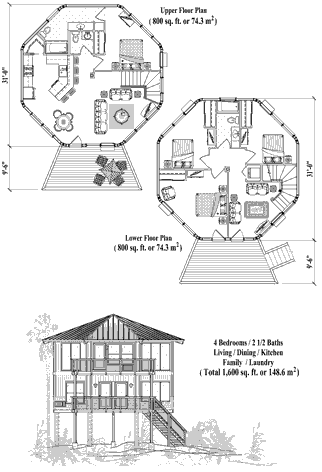 Elevated Hurricane-proof  Two-Story Piling home, stilt house or pedestal home Floor Plan (1600 Sq. Ft. with 4 Bedrooms and 2.5 Bathrooms, including Living, Dining, Kitchen, Family, Laundry). Best for home building in the Bahamas and other Caribbean locations.