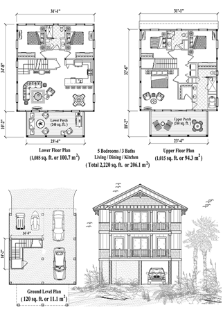 Elevated (Raised) Two-Story Piling House, Stilt House, Hurricane-Resistant Home Floor Plan (2220 Sq. Ft. with 5 Bedrooms and 3 Bathrooms, including Living, Dining, Kitchen). Perfect for house building in hurricane-prone Coastal, Beach Front, Oceanfront, Island & Tropical locations.