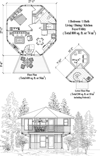 Enclosed Pedestal House Plan PL-0202 (800 Sq. Ft.) 1 Bedrooms 1 Bathrooms