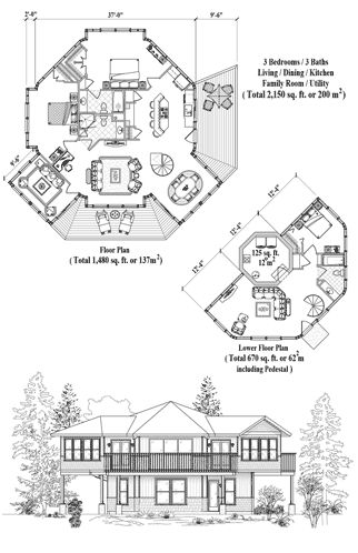 Enclosed Pedestal Homes & Houses Floor Plan (2150 Sq. Ft. with 3 Bedrooms and 3 Bathrooms, including Living Room, Kitchen, Dining Room, Family Room, Utility Room). Best for home building on sloping mountain terrain or in coastal and beachfront locations where elevated houses or raised homes are required.