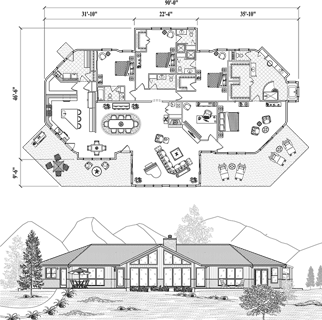Prefabricated house kit. Premiere foundation home Floor Plan (3470 Sq. Ft. with 4 Bedrooms and 4.5 Bathrooms, including Living, Dining, Kitchen, Office, Nook, Utility). Shipped world-wide to remote and foreign locations.