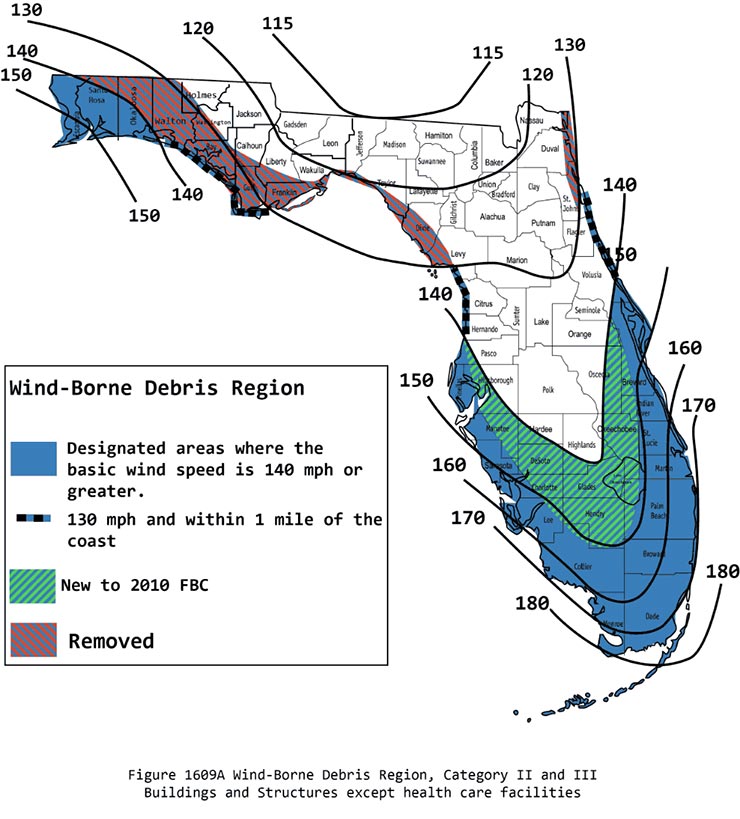 Map of Florida's Wind and Wind-Borne Debris Building Code Requirements