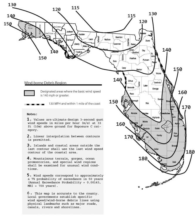 Map of Florida's Wind and Wind-Borne Debris Building Code Requirements