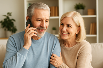 Smiling couple speaking on the phone to Topsider Homes for a free home building estimate
