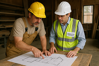 Two construction professionals reviewing house plans and coordinating project bids