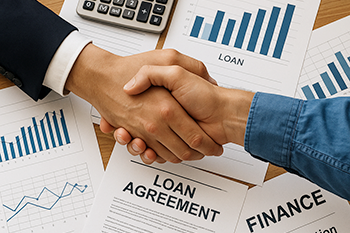 Handshake over loan documents and financial charts for new home construction financing

