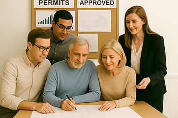 Homeowners and team reviewing building plans with permit approvals displayed in background
