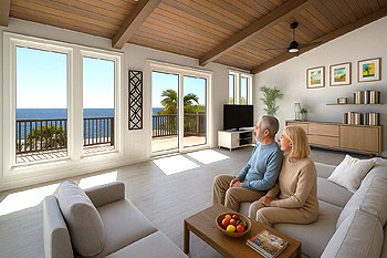 Happy couple relaxing in their newly built Topsider home with oceanfront view
