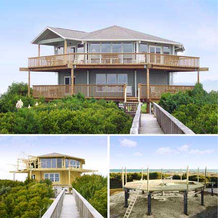 Elevated hurricane-resistant Carolina beach house engineered and designed with low-maintenance exterior finishes resistant to the salt-air climate.
