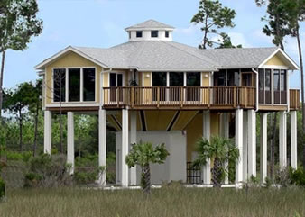 This hurricane-resistant Topsider pedestal and stilt combination home built in Florida is elevated 20-ft and was engineered to survive hurricanes and storm surge.