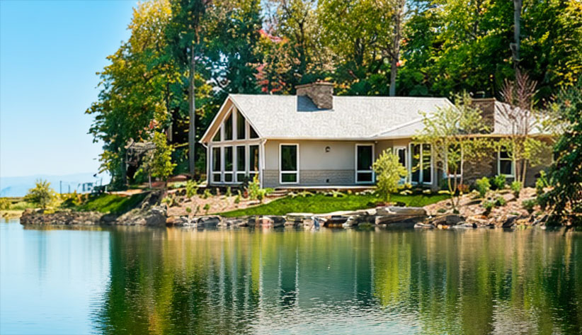 Topsider model home in Clemmons, North Carolina, overlooking a lakeside setting