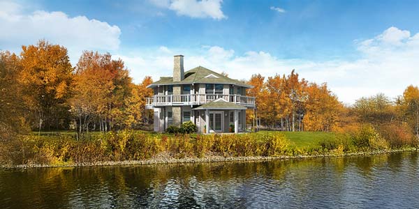 Two-story Topsider home built on a lake