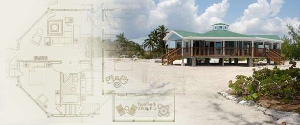 Oceanfront Topsider home in South Andros, Bahamas built on short pilings for stability and flood safety. Features hurricane-proof construction, panoramic 360° ocean views, and luxury design. Perfect for Online House Plans, Piling, Stilt & Pier Homes, Pedestal Homes, and Octagon Homes.