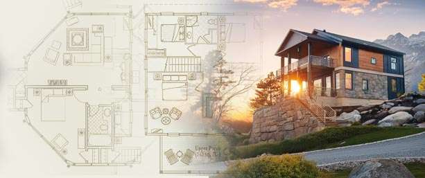 Custom-designed mountain home adaptable to pilings, basements, crawlspaces, or slab foundations.