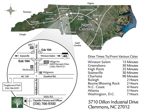 Driving Times and Directions to Topsider Homes in Clemmons, North Carolina (near Winston-Salem)
