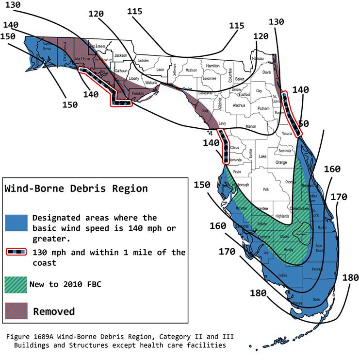 FBC Figure 1609A: Wind-Borne Debris Regions & Ultimate Design Wind Speeds (Risk Category II/III) – Florida Hurricane-Prone Coastal Map for Impact-Resistant Building Requirements Florida Building Code Figure 1609A Wind-Borne Debris Region map for Category II and III structures, displaying ultimate wind speed contours (115-180 mph) with blue high-wind zones (140+ mph), coastal 130 mph hatched areas within 1 mile, green new 2010 additions, and red removed zones — key for hurricane-resistant elevated coastal homes requiring impact protection in Florida.