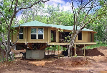 Topsider Hurricane-Proof Pedestal Home in the Virgin Islands: Survived Years of Hurricanes, Tropical Storms, and Storm Surge with Unrivaled Strength and Luxury Topsider hurricane-resistant coastal pedestal home surviving storm surge and waves during tropical storm or hurricane, elevated design for flood and wind protection with lush palm trees, oceanfront views, and sturdy construction.