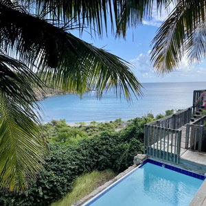 Pool & Deck with Ocean Views | Hurricane-Resistant Topsider Home on St. John, US Virgin Islands Pool and deck with panoramic ocean views framed by tropical palms at hurricane-resistant Topsider Home on St. John, US Virgin Islands