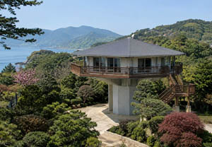 Unique Topsider typhoon- and earthquake-resistant pedestal home built in Japan overlooking the sea in a magnificent mountain setting with panoramic views