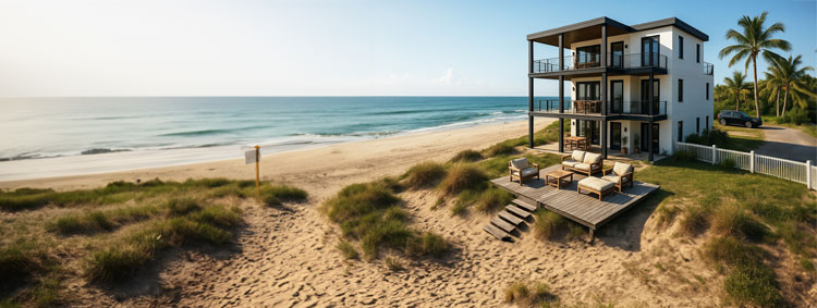 Luxury modern Caribbean beach home individually designed, engineered for its homesite and precision fabricated by Topsider Homes