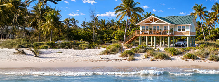 Elevated coastal one story stilt beach house.