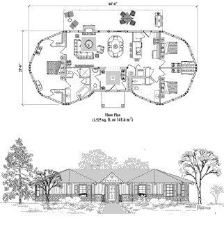 Prefabricated house kit. Classic foundation home Floor Plan (1525 Sq. Ft. with 3 Bedrooms and 2.5 Bathrooms, including Living, Dining, Kitchen, Foyer, Covered Entry). Shipped world-wide to remote and foreign locations.