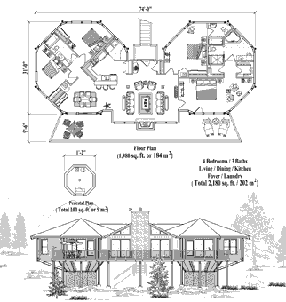 Classic Homes & Houses Floor Plan (2180 Sq. Ft. with 4 Bedrooms and 3 Bathrooms, including Living Room, Dining Room, Kitchen, Foyer, Laundry). Best for home building on sloping mountain terrain or in coastal and beachfront locations where elevated houses or raised homes are required.