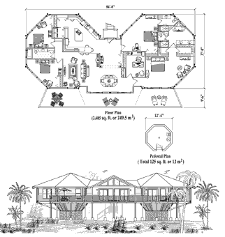 Classic Homes & Houses Floor Plan (2935 Sq. Ft. with 4 Bedrooms and 3 Bathrooms, including Living Room, Dining Room, Kitchen, Foyer, Laundry). Best for home building on sloping mountain terrain or in coastal and beachfront locations where elevated houses or raised homes are required.
