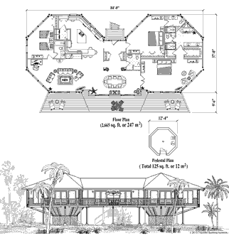 Classic Hawaii Home Floor Plan (2915 Sq. Ft. with 3 Bedrooms and 3.5 Bathrooms, including Living Room, Dining Room, Kitchen, Foyer, Laundry). Ideal for home building on sloping mountain terrain and coastal areas of the Hawaii Islands.