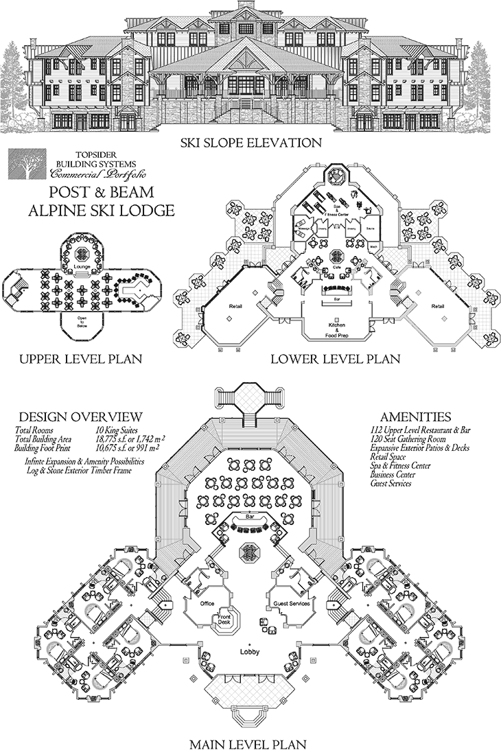 Prefab Commercial House Plan - COMM-Alpine-Ski-Lodge-Post-Beam-Slope-Elevation-Amenities-Floor-Plan (18775 sq. ft.) 3 Bedrooms, 2 1/2 Baths