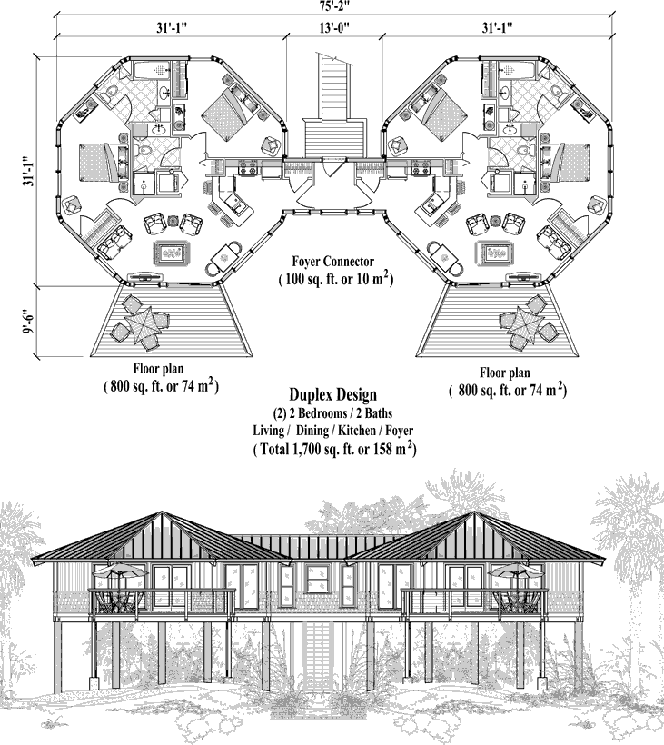Prefab Commercial House Plan - COMM-Multi-Family-Elevated-Duplex-Floor-Plan (1700 sq. ft.) 4 Bedrooms, 4 Baths