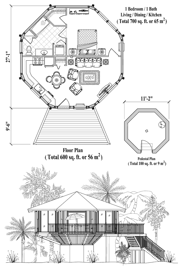 Prefab Pedestal House Plan - PD-0221 (700 sq. ft.) 1 Bedrooms, 1 Baths