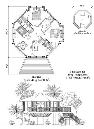 Pedestal House Plan PD-0222 (740 Sq. Ft.) 2 Bedrooms 1 Bathrooms