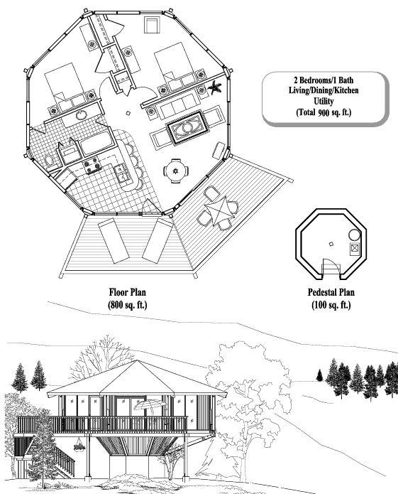 Prefab Pedestal House Plan - PD-0303 (900 sq. ft.) 2 Bedrooms, 1 Baths