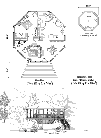 Pedestal House Plan PD-0321 (900 Sq. Ft.) 1 Bedrooms 1 Bathrooms